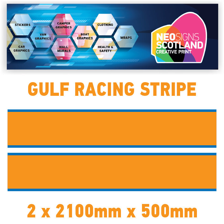 GU2.1x2B Gulf Racing side stripes 2.1m (2x2100mm) Long laminated for Porsch Various Sizes Available