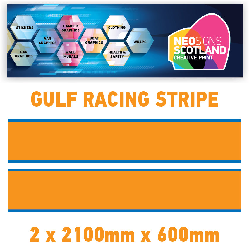 GU2.1x2B Gulf Racing side stripes 2.1m (2x2100mm) Long laminated for Porsch Various Sizes Available