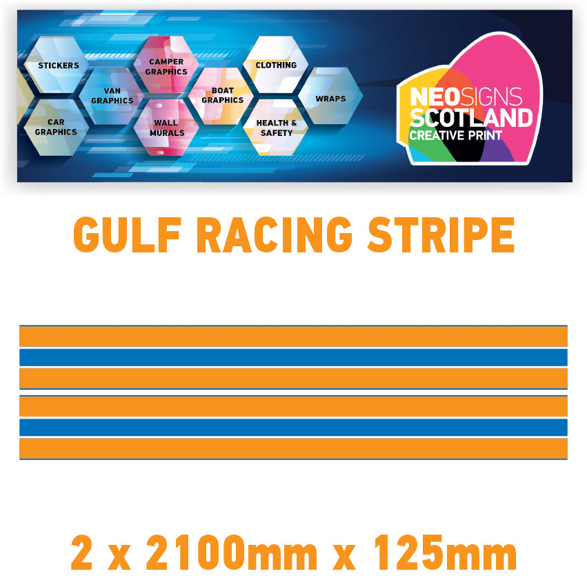 GU2.1x2A Gulf Racing side stripes 2.1m (2x2100mm) Long laminated for Porsch Various Sizes Available