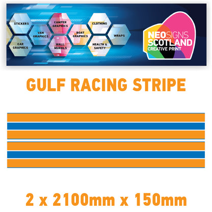 GU2.1x2A Gulf Racing side stripes 2.1m (2x2100mm) Long laminated for Porsch Various Sizes Available