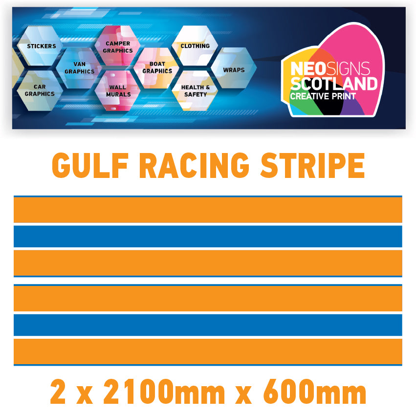GU2.1x2A Gulf Racing side stripes 2.1m (2x2100mm) Long laminated for Porsch Various Sizes Available