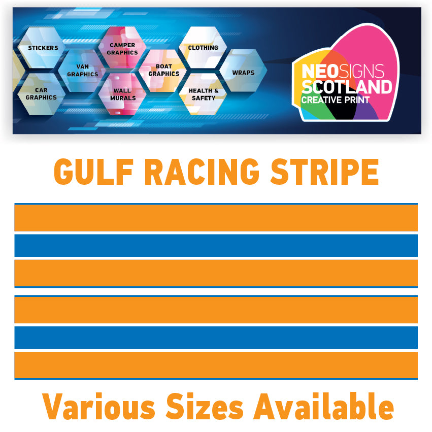 GU2.1x2A Gulf Racing side stripes 2.1m (2x2100mm) Long laminated for Porsch Various Sizes Available