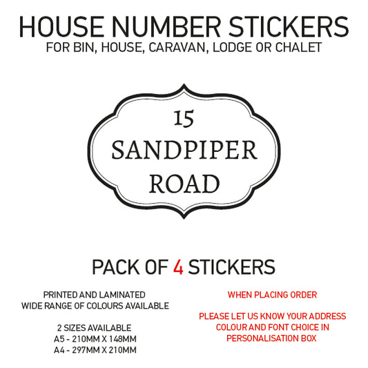 HS01-10 Vinyl Wheelie Bin House Caravan Lodge Stickers x4 Numbers Road Street Name