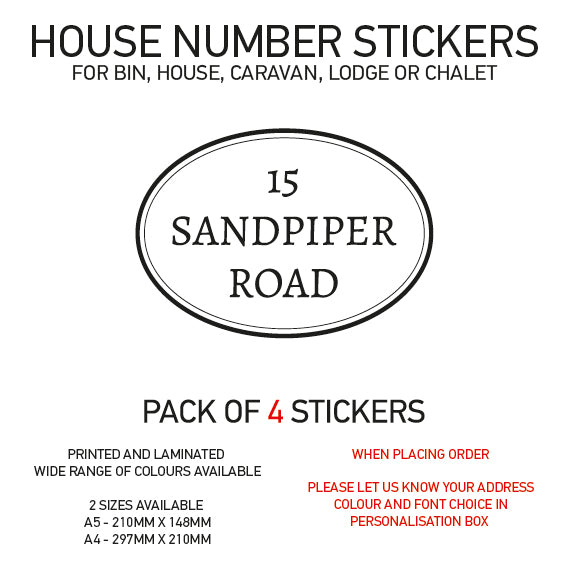 HS01-20 Vinyl Wheelie Bin House Caravan Lodge Stickers x4 Numbers Road Street Name Various Designs Available