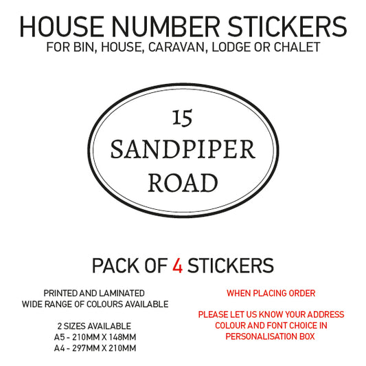 HS01-10 Vinyl Wheelie Bin House Caravan Lodge Stickers x4 Numbers Road Street Name