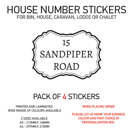 HS01-20 Vinyl Wheelie Bin House Caravan Lodge Stickers x4 Numbers Road Street Name Various Designs Available