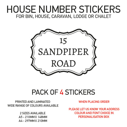 HS01-10 Vinyl Wheelie Bin House Caravan Lodge Stickers x4 Numbers Road Street Name