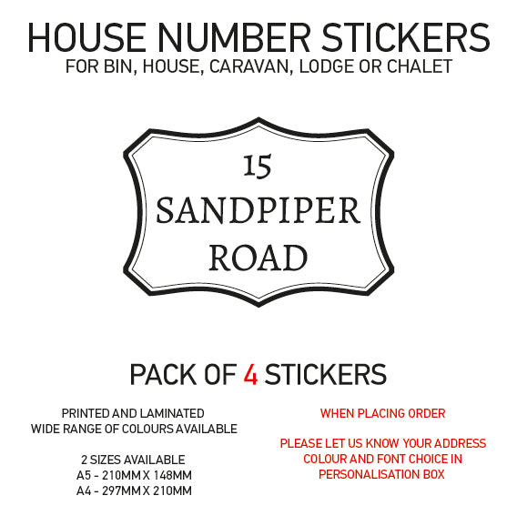 HS01-20 Vinyl Wheelie Bin House Caravan Lodge Stickers x4 Numbers Road Street Name Various Designs Available