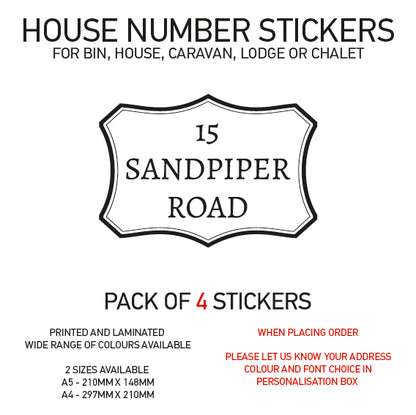 HS01-10 Vinyl Wheelie Bin House Caravan Lodge Stickers x4 Numbers Road Street Name