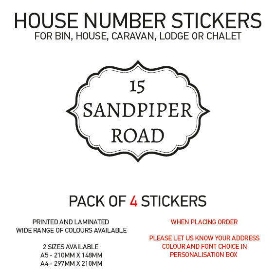 HS01-20 Vinyl Wheelie Bin House Caravan Lodge Stickers x4 Numbers Road Street Name Various Designs Available