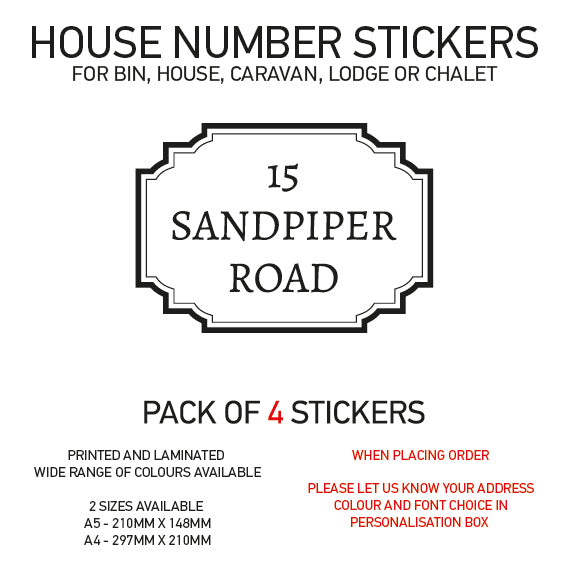 HS01-20 Vinyl Wheelie Bin House Caravan Lodge Stickers x4 Numbers Road Street Name Various Designs Available
