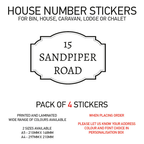 HS01-20 Vinyl Wheelie Bin House Caravan Lodge Stickers x4 Numbers Road Street Name Various Designs Available