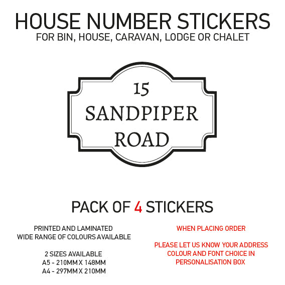 HS01-20 Vinyl Wheelie Bin House Caravan Lodge Stickers x4 Numbers Road Street Name Various Designs Available