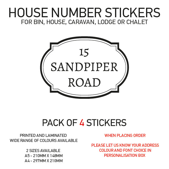 HS01-20 Vinyl Wheelie Bin House Caravan Lodge Stickers x4 Numbers Road Street Name Various Designs Available