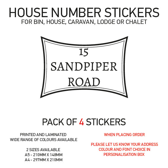 HS01-20 Vinyl Wheelie Bin House Caravan Lodge Stickers x4 Numbers Road Street Name Various Designs Available