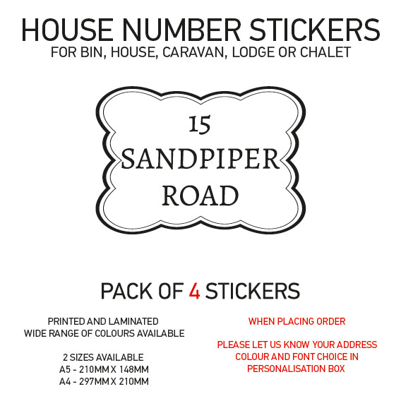 HS01-20 Vinyl Wheelie Bin House Caravan Lodge Stickers x4 Numbers Road Street Name Various Designs Available