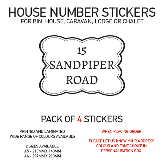 HS11-20 Vinyl Wheelie Bin House Caravan Lodge Stickers x4 Numbers Road Street Name Various Designs Available