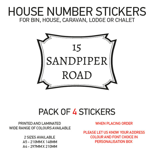 HS11-20 Vinyl Wheelie Bin House Caravan Lodge Stickers x4 Numbers Road Street Name Various Designs Available