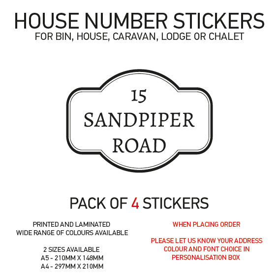 HS01-20 Vinyl Wheelie Bin House Caravan Lodge Stickers x4 Numbers Road Street Name Various Designs Available