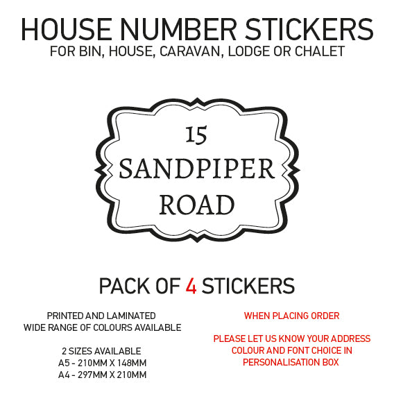 HS01-20 Vinyl Wheelie Bin House Caravan Lodge Stickers x4 Numbers Road Street Name Various Designs Available
