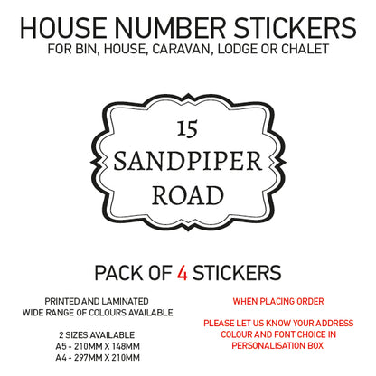 HS11-20 Vinyl Wheelie Bin House Caravan Lodge Stickers x4 Numbers Road Street Name Various Designs Available