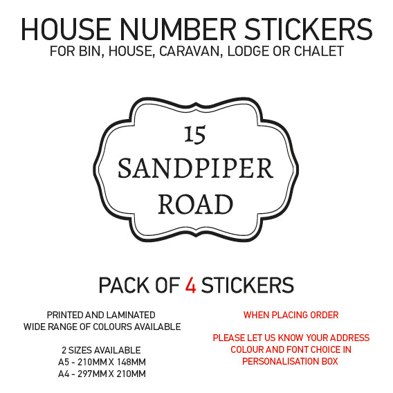 HS01-20 Vinyl Wheelie Bin House Caravan Lodge Stickers x4 Numbers Road Street Name Various Designs Available