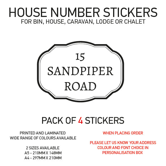 HS11-20 Vinyl Wheelie Bin House Caravan Lodge Stickers x4 Numbers Road Street Name Various Designs Available