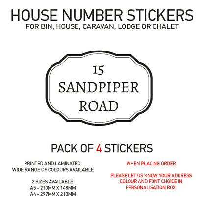 HS11-20 Vinyl Wheelie Bin House Caravan Lodge Stickers x4 Numbers Road Street Name Various Designs Available