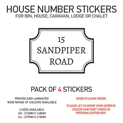 HS11-20 Vinyl Wheelie Bin House Caravan Lodge Stickers x4 Numbers Road Street Name Various Designs Available