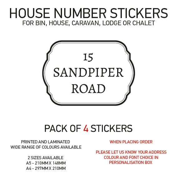 HS11-20 Vinyl Wheelie Bin House Caravan Lodge Stickers x4 Numbers Road Street Name Various Designs Available