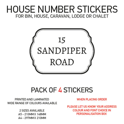 HS11-20 Vinyl Wheelie Bin House Caravan Lodge Stickers x4 Numbers Road Street Name Various Designs Available