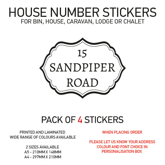 HS01-20 Vinyl Wheelie Bin House Caravan Lodge Stickers x4 Numbers Road Street Name Various Designs Available