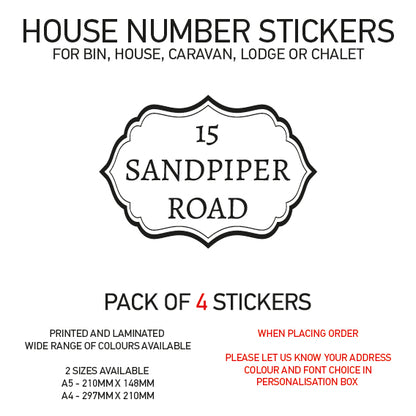 HS11-20 Vinyl Wheelie Bin House Caravan Lodge Stickers x4 Numbers Road Street Name Various Designs Available