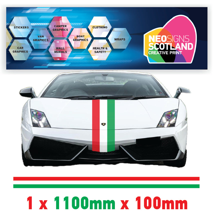 IT1.1 Italian Racing Bonnet stripe 1.1m (1100mm) Long laminated for Ferrari Fiat Alfa Romeo Mini sticker graphics various widths available