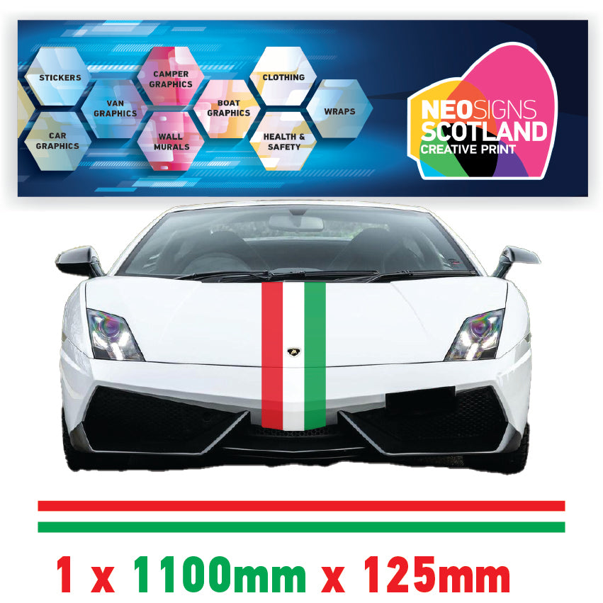 IT1.1 Italian Racing Bonnet stripe 1.1m (1100mm) Long laminated for Ferrari Fiat Alfa Romeo Mini sticker graphics various widths available