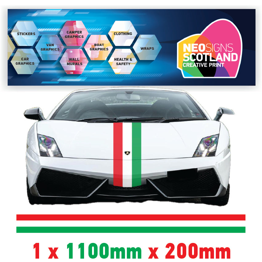 IT1.1 Italian Racing Bonnet stripe 1.1m (1100mm) Long laminated for Ferrari Fiat Alfa Romeo Mini sticker graphics various widths available