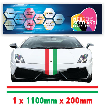 IT1.1 Italian Racing Bonnet stripe 1.1m (1100mm) Long laminated for Ferrari Fiat Alfa Romeo Mini sticker graphics various widths available