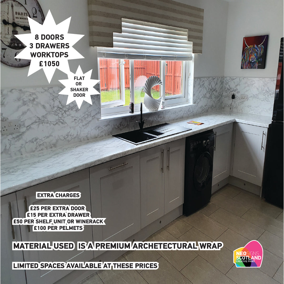 Full Premium Kitchen Wrap including 08 Doors & 3 Drawer, Trims, Kickboards, End Panels and Worktops