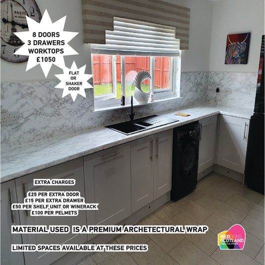 Full Premium Kitchen Wrap including 08 Doors & 3 Drawer, Trims, Kickboards, End Panels and Worktops