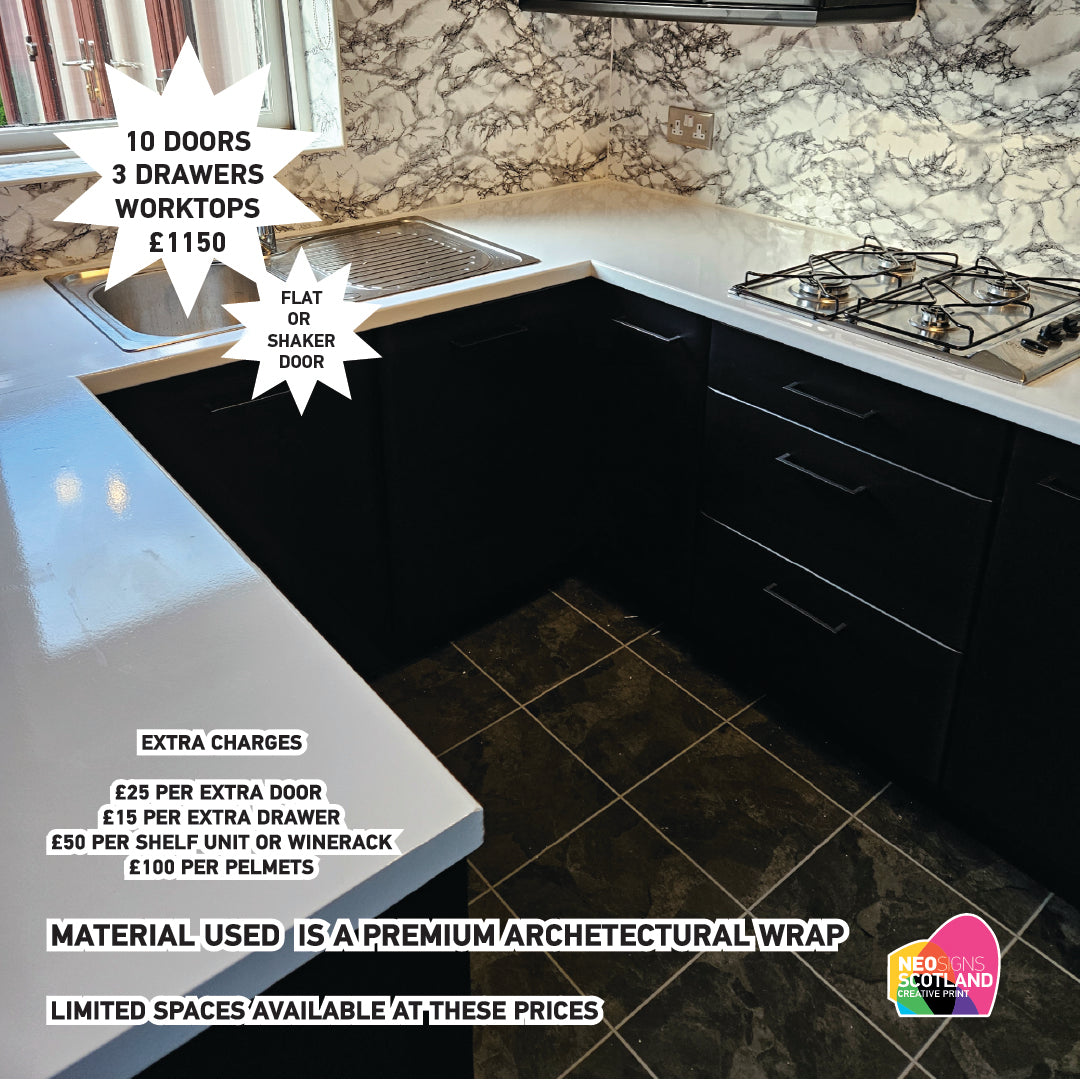 Full Premium Kitchen Wrap including 10 Doors & 3 Drawer, Trims, Kickboards, End Panels and Worktops