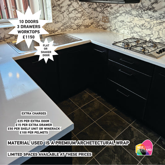 Full Premium Kitchen Wrap including 10 Doors & 3 Drawer, Trims, Kickboards, End Panels and Worktops