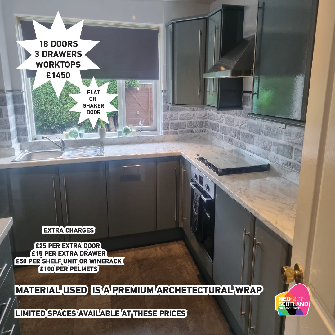Full Premium Kitchen Wrap including 18 Doors & 3 Drawer, Trims, Kickboards, End Panels and Worktops