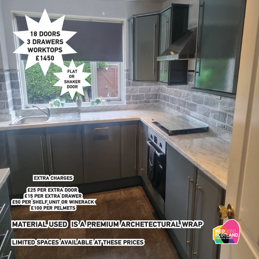 Full Premium Kitchen Wrap including 18 Doors & 3 Drawer, Trims, Kickboards, End Panels and Worktops