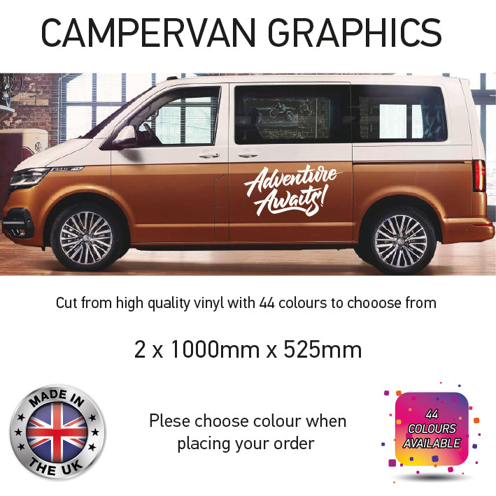 LCG01-LCG10 Adventure Awaits Graphic stickers fits all Motorhomes And Campervans Various Designs Available