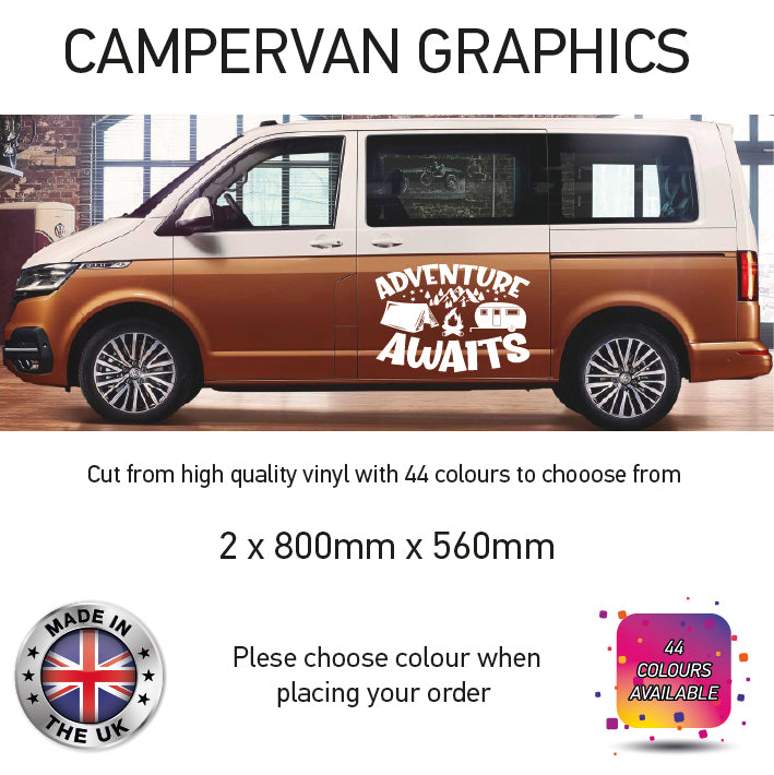 LCG01-37 Adventure Awaits Graphic stickers fits all Motorhomes And Campervans Various Designs Available