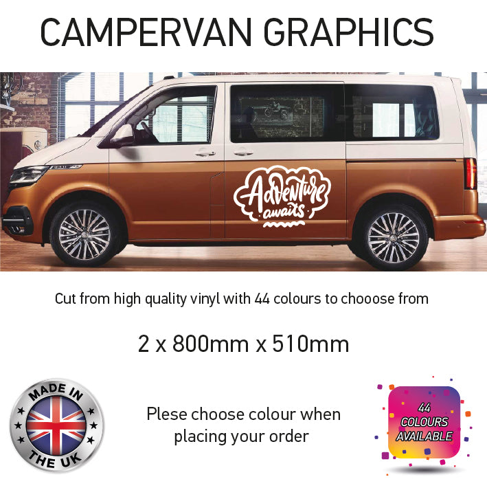 LCG01-37 Adventure Awaits Graphic stickers fits all Motorhomes And Campervans Various Designs Available