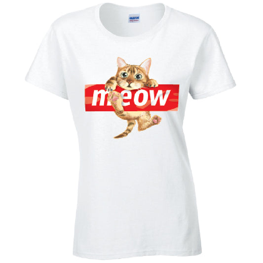 Meow Cat Ladies Cotton T-Shirt Available in Black Grey and White LT10
