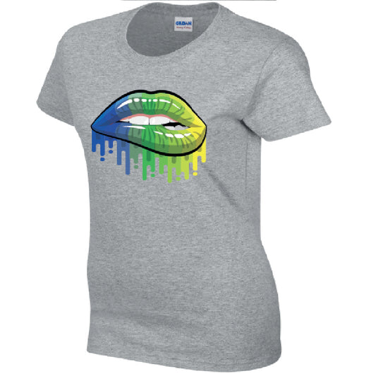 Blue and Green Lips Ladies Cotton T-Shirt Available in Black Grey and White LT14