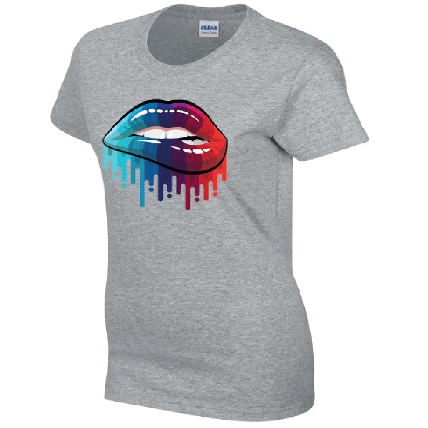 Blue and Red Lips Ladies Cotton T-Shirt Available in Black Grey and White LT15