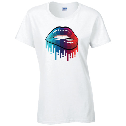Blue and Red Lips Ladies Cotton T-Shirt Available in Black Grey and White LT15